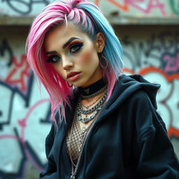 A trendy and stylish e-girl with vibrant colored hair, possibly a pastel pink or blue, wearing edgy clothing like a black oversized hoodie with fishnet stockings