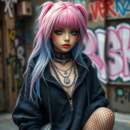 A trendy and stylish e-girl with vibrant colored hair, possibly a pastel pink or blue, wearing edgy clothing like a black oversized hoodie with fishnet stockings