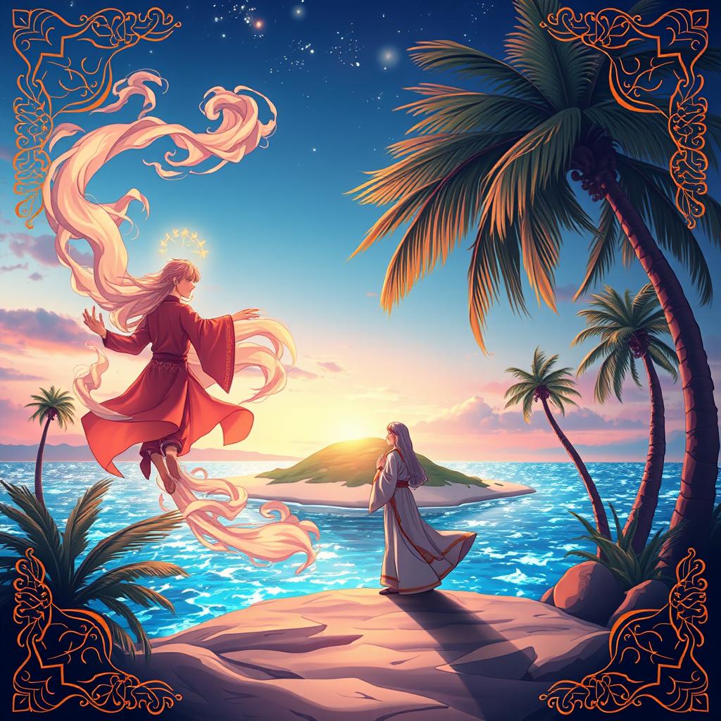 An enchanting scene inspired by Arab Islamic culture, featuring a serene island setting from the novel "The Red Island"