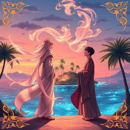 An enchanting scene inspired by Arab Islamic culture, featuring a serene island setting from the novel "The Red Island"