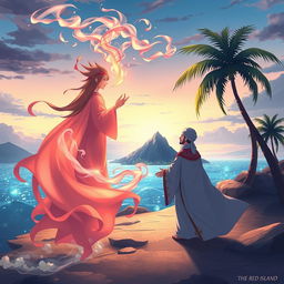 An enchanting scene inspired by Arab Islamic culture, featuring a serene island setting from the novel "The Red Island"