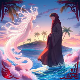 An enchanting scene inspired by Arab Islamic culture, featuring a serene island setting from the novel "The Red Island"