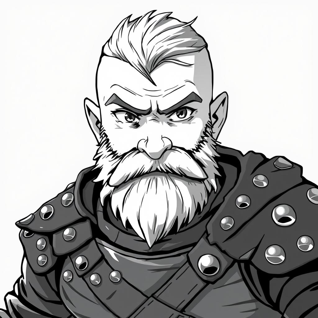 greyscale illustration of a beardless dwarf rogue in anime style, wearing studded leather armor