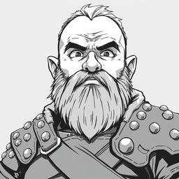 greyscale illustration of a beardless dwarf rogue in anime style, wearing studded leather armor