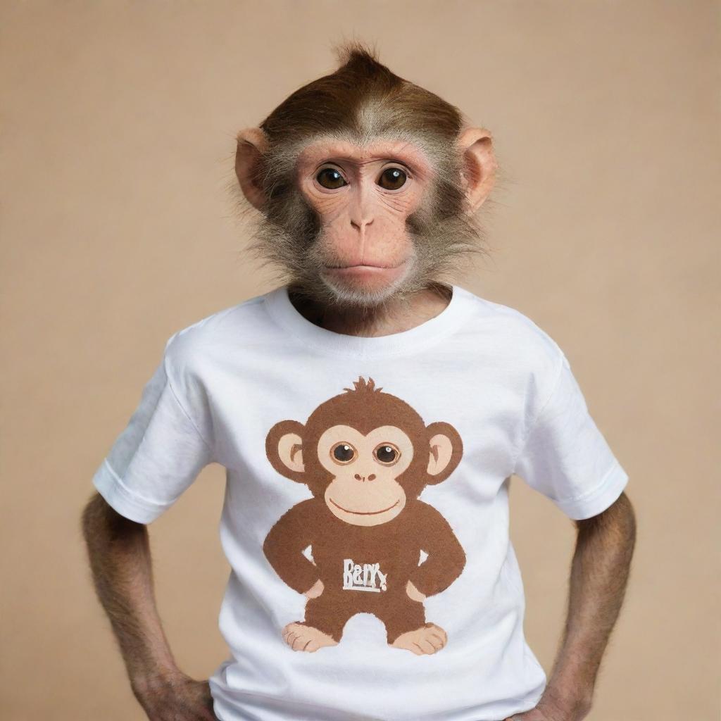 A whimsical monkey wearing a shirt adorned with the logo of 'Barx', positioned in a playful, curious pose.