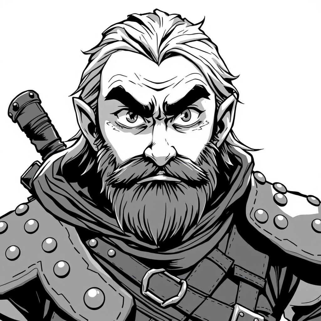 greyscale illustration of a beardless dwarf rogue in anime style, wearing studded leather armor