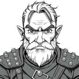 greyscale illustration of a beardless dwarf rogue in anime style, wearing studded leather armor