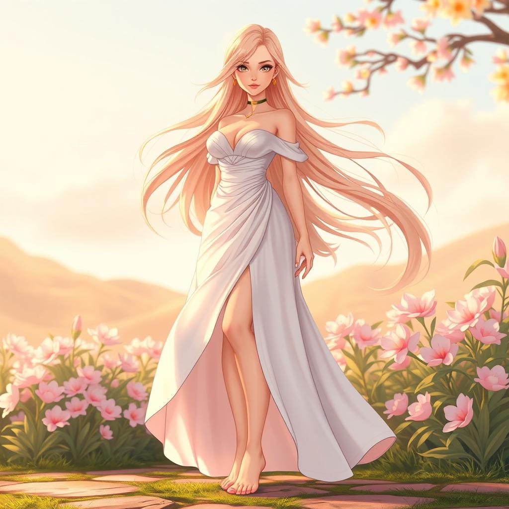 A female character with long, flowing hair, striking features, and a confident pose, standing in a serene, outdoor setting such as a blooming garden at dawn