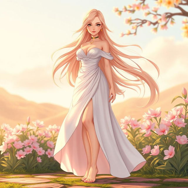 A female character with long, flowing hair, striking features, and a confident pose, standing in a serene, outdoor setting such as a blooming garden at dawn