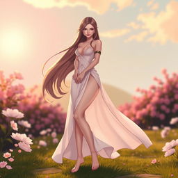 A female character with long, flowing hair, striking features, and a confident pose, standing in a serene, outdoor setting such as a blooming garden at dawn