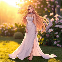 A female character with long, flowing hair, striking features, and a confident pose, standing in a serene, outdoor setting such as a blooming garden at dawn