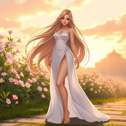 A female character with long, flowing hair, striking features, and a confident pose, standing in a serene, outdoor setting such as a blooming garden at dawn