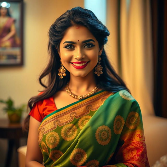 A beautiful Indian woman with an alluring presence, showcasing traditional Indian attire like a colorful saree with intricate patterns