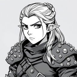 greyscale illustration of an anime style female dwarf rogue, wearing studded leather armor