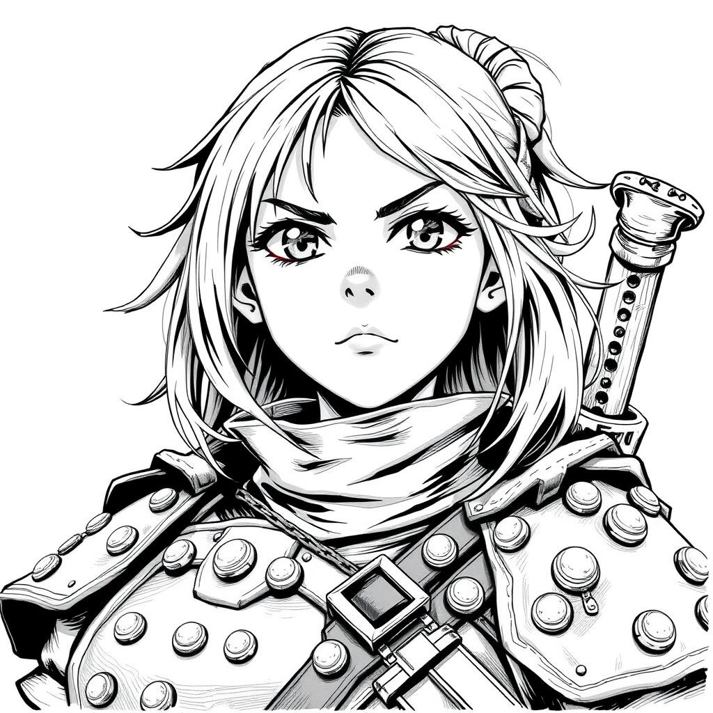 greyscale illustration of an anime style female dwarf rogue, wearing studded leather armor