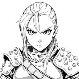 greyscale illustration of an anime style female dwarf rogue, wearing studded leather armor