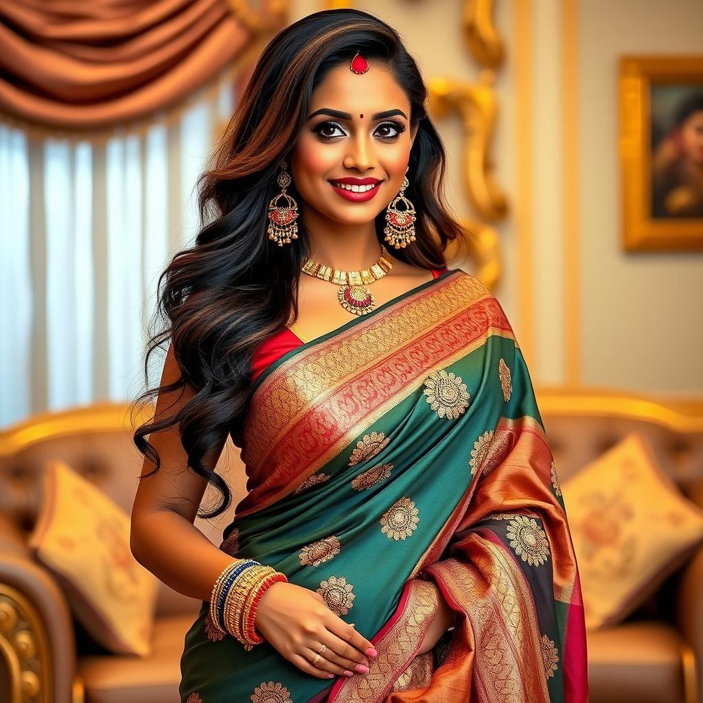 A gorgeous Indian woman exuding confidence, wearing an elegant and colorful saree that accentuates her figure