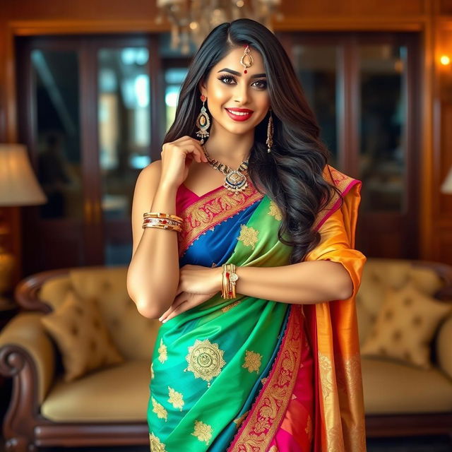 A gorgeous Indian woman exuding confidence, wearing an elegant and colorful saree that accentuates her figure