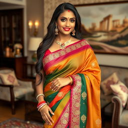 A gorgeous Indian woman exuding confidence, wearing an elegant and colorful saree that accentuates her figure