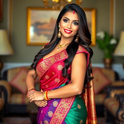 A gorgeous Indian woman exuding confidence, wearing an elegant and colorful saree that accentuates her figure