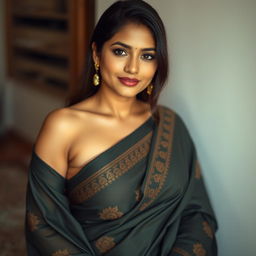 a Bangladeshi woman with medium-sized breasts, exuding confidence and beauty, captured in an artistic and tasteful manner