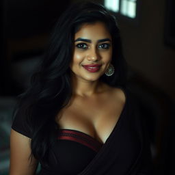 a Bangladeshi woman with medium-sized breasts, exuding confidence and beauty, captured in an artistic and tasteful manner