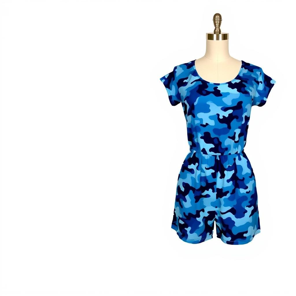 A stylish romper featuring a blue camouflage pattern, displayed on a mannequin or laid flat