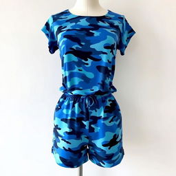 A stylish romper featuring a blue camouflage pattern, displayed on a mannequin or laid flat