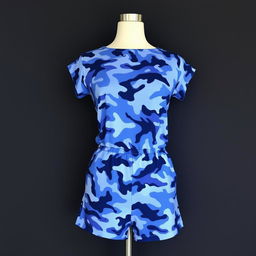 A stylish romper featuring a blue camouflage pattern, displayed on a mannequin or laid flat