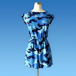 A stylish romper featuring a blue camouflage pattern, displayed on a mannequin or laid flat