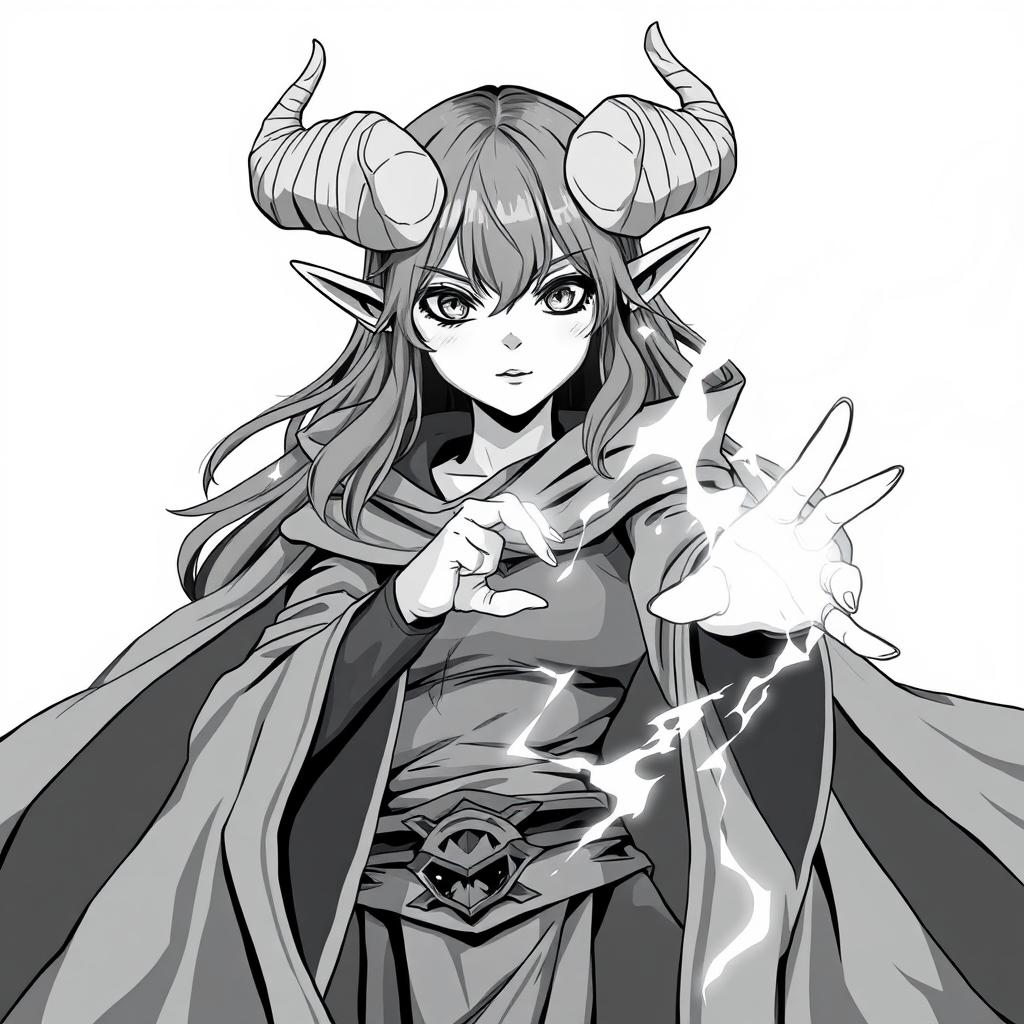 greyscale illustration of an anime style female tiefling wizard