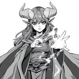 greyscale illustration of an anime style female tiefling wizard