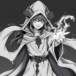 greyscale illustration of an anime style female tiefling wizard