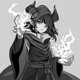 greyscale illustration of an anime style female tiefling wizard