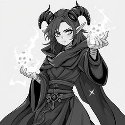 greyscale illustration of an anime style female tiefling wizard