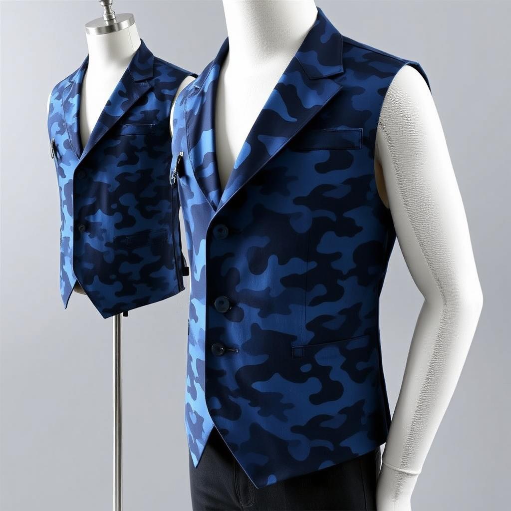 A men's vest featuring a blue camouflage pattern, displayed on a mannequin or worn by a stylish male model