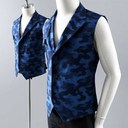 A men's vest featuring a blue camouflage pattern, displayed on a mannequin or worn by a stylish male model