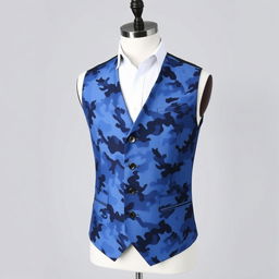 A men's vest featuring a blue camouflage pattern, displayed on a mannequin or worn by a stylish male model