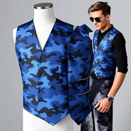 A men's vest featuring a blue camouflage pattern, displayed on a mannequin or worn by a stylish male model