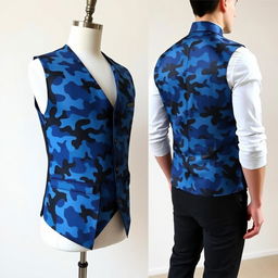 A men's vest featuring a blue camouflage pattern, displayed on a mannequin or worn by a stylish male model