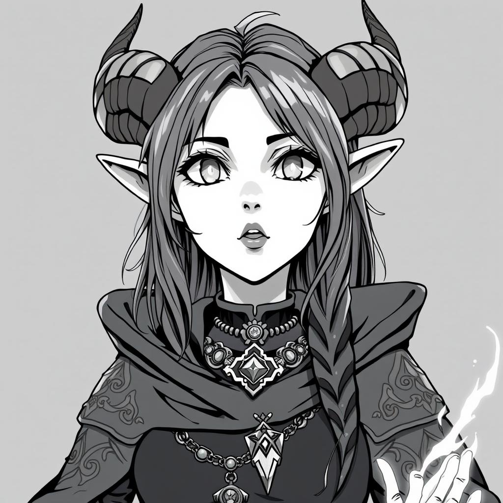 greyscale illustration of an anime style female tiefling wizard from the shoulders up