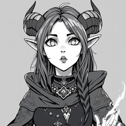 greyscale illustration of an anime style female tiefling wizard from the shoulders up