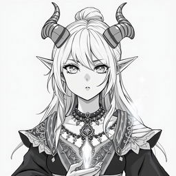 greyscale illustration of an anime style female tiefling wizard from the shoulders up