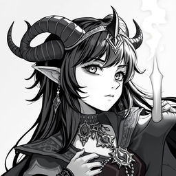 greyscale illustration of an anime style female tiefling wizard from the shoulders up