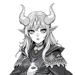 greyscale illustration of an anime style female tiefling wizard from the shoulders up