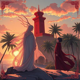 An intriguing anime-style scene inspired by Arab Islamic culture, set on 'The Red Island' from the novel of the same name