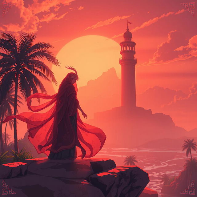 An intriguing anime-style scene inspired by Arab Islamic culture, set on 'The Red Island' from the novel of the same name