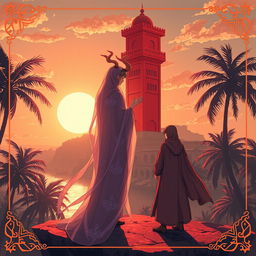 An intriguing anime-style scene inspired by Arab Islamic culture, set on 'The Red Island' from the novel of the same name