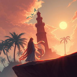 An intriguing anime-style scene inspired by Arab Islamic culture, set on 'The Red Island' from the novel of the same name