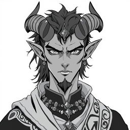 anime style greyscale illustration of a male tiefling wizard from the shoulders up